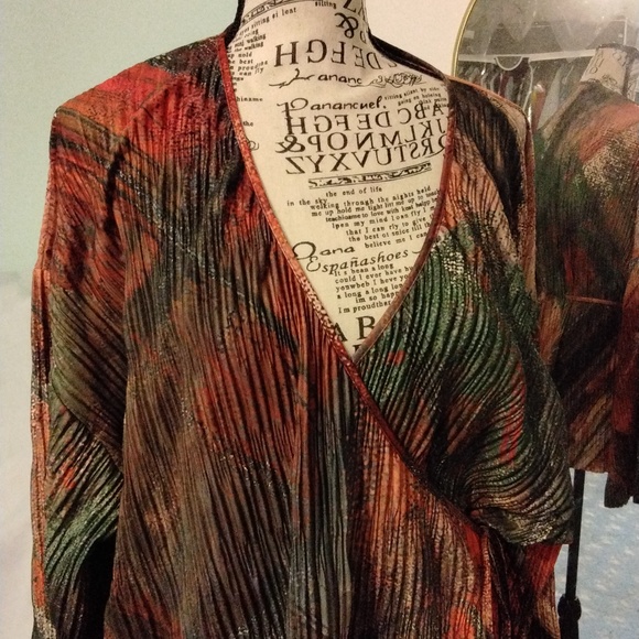 Women's Zara NWOT pleated green/orange/gold wrap top Sz Small - Picture 2 of 6
